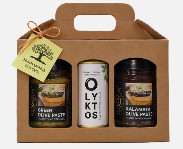 Geschenkbox „Mediterraner Genuss“ – Zweierlei griechische Olivenpaste + Premium Olivenöl