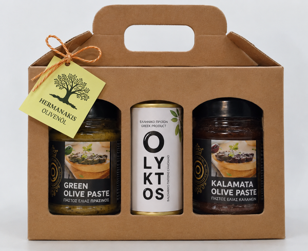 Geschenkbox „Mediterraner Genuss“ – Zweierlei griechische Olivenpaste + Premium Olivenöl